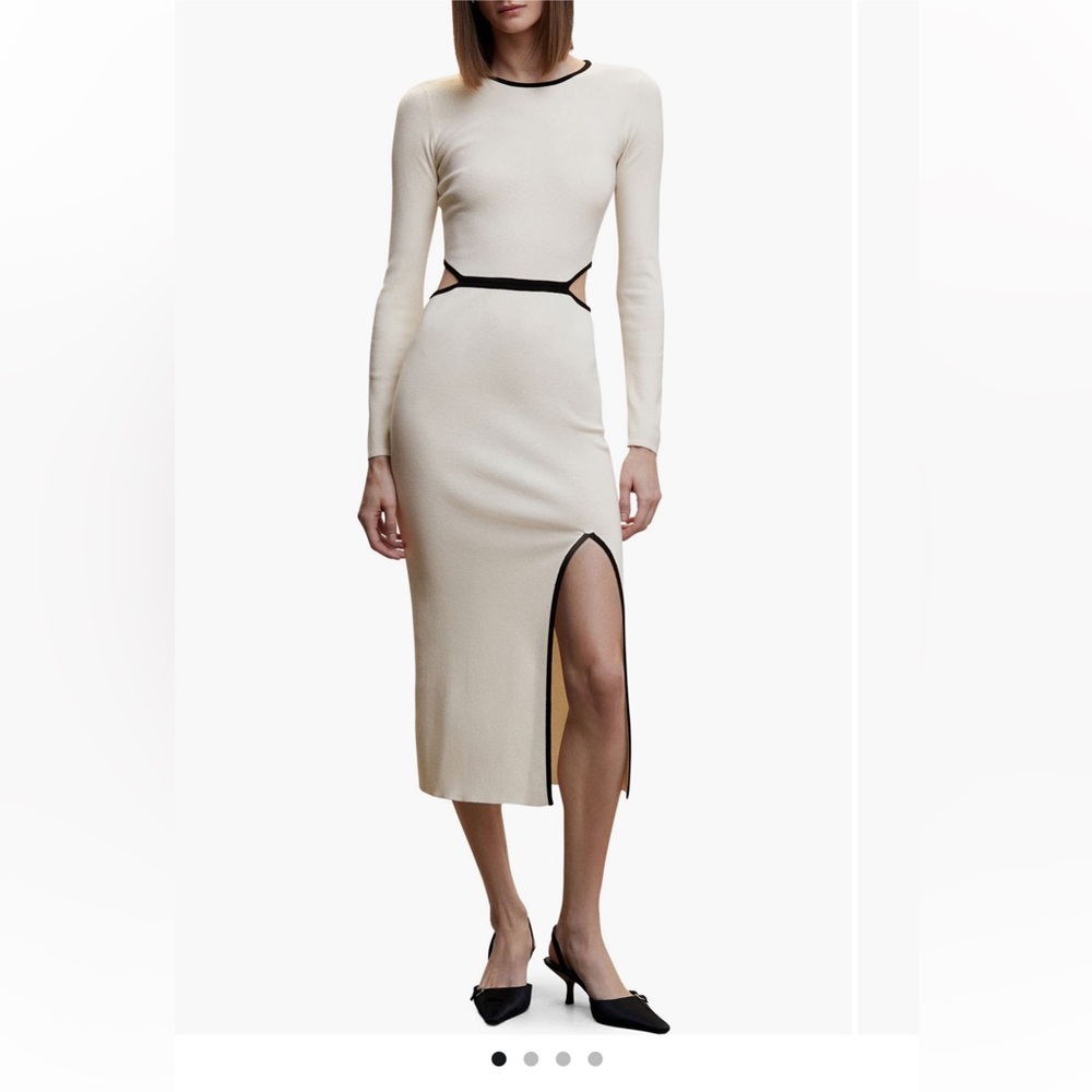 Mango Cream Long-Sleeve Midi Dress with Black Contrast Trim